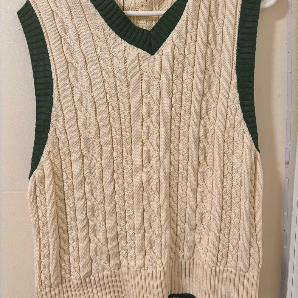 Zara V-Neck Cable Knit Sweater Vest - Cream and Green